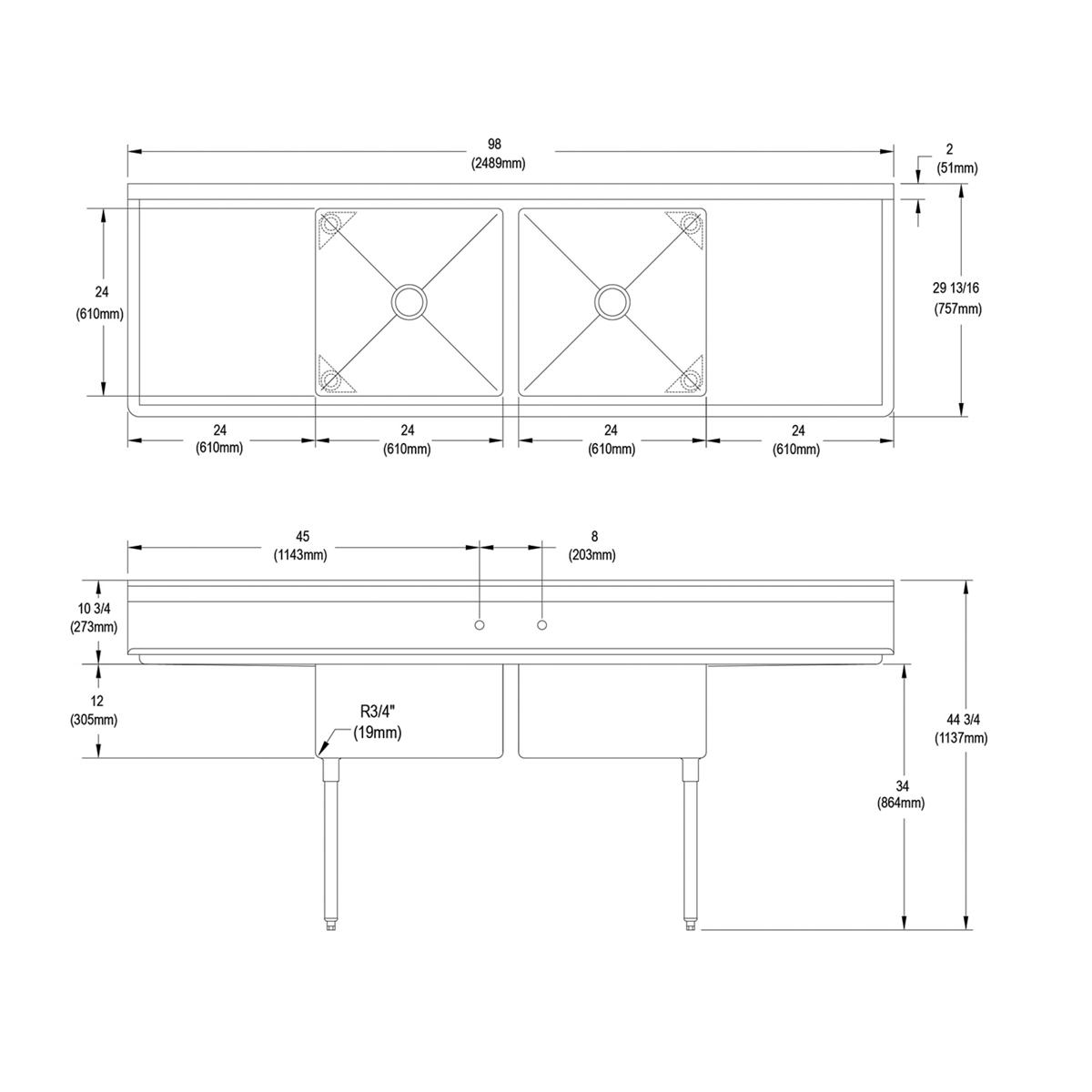 Two-compartment stainless steel sink with 24-inch drainboards on left and right sides and stainless steel legs, shown in top 