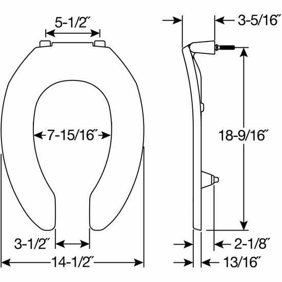 White elongated open-front toilet seat with 2-inch lift, measuring 14-1/2" wide and 18-9/16" tall.