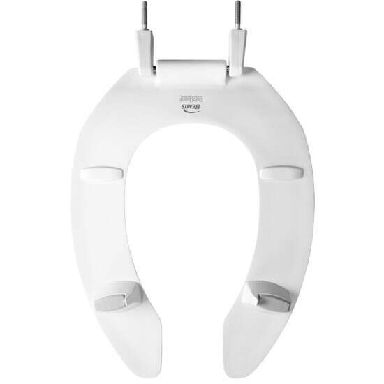 White elongated open front toilet seat with 2-inch lift extensions and dual metal fastening bolts.