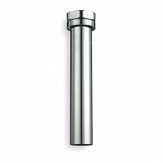 Polished chrome cylindrical vacuum breaker assembly with threaded collar top and straight vertical pipe body.