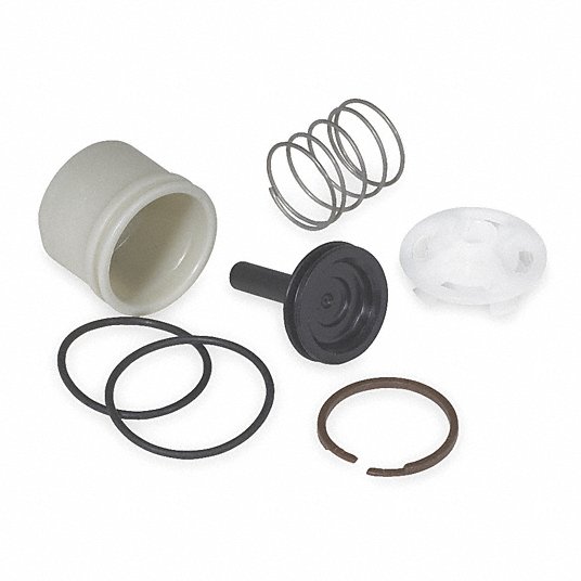 Sloan valve actuator assembly components including white cylinder, metal spring, black actuator button, white disc, black o-r