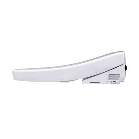 Cotton white elongated Toto S5 Washlet seat with attached remote control unit.