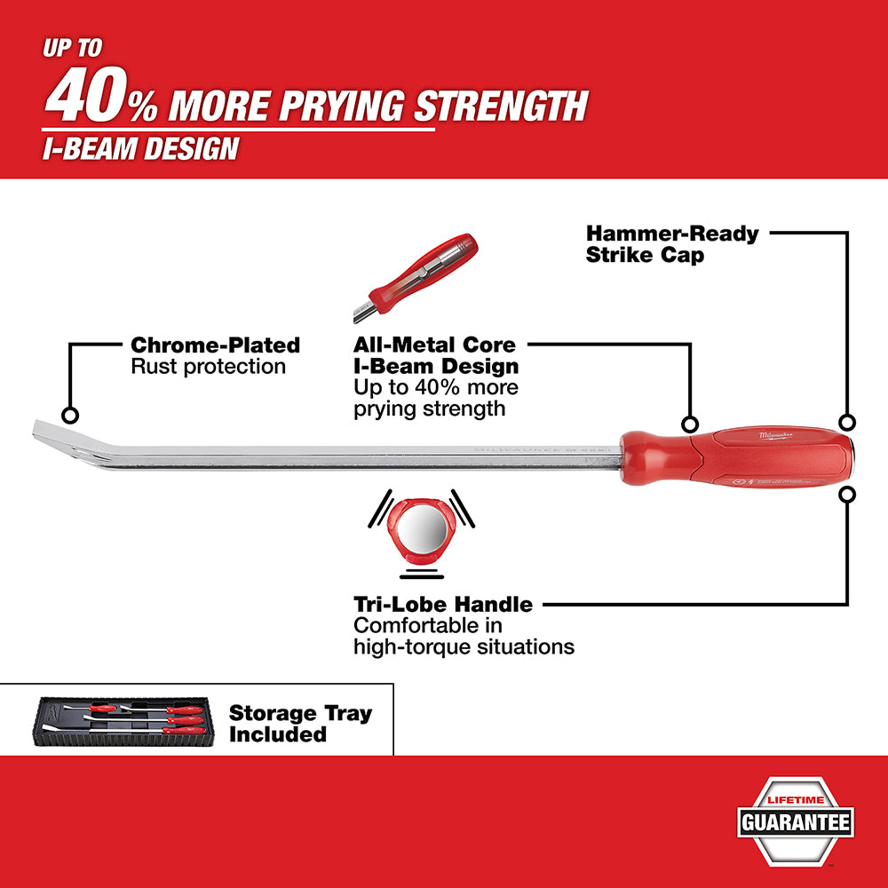 Four pry bars with red handles and chrome-plated steel blades, displayed with labeled features and included storage tray.
