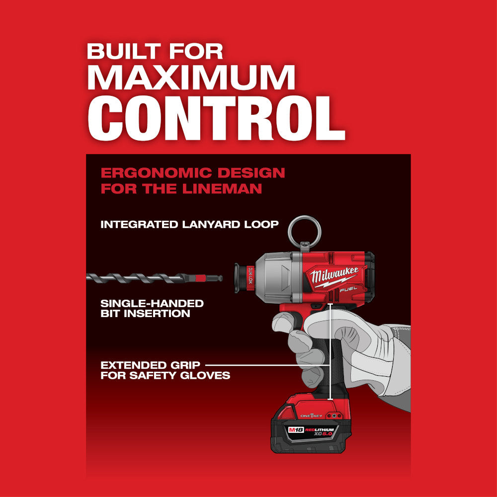 Milwaukee M18 FUEL 7/16 in. hex utility impact driver with integrated lanyard loop, displayed with M18 battery and drill bit.