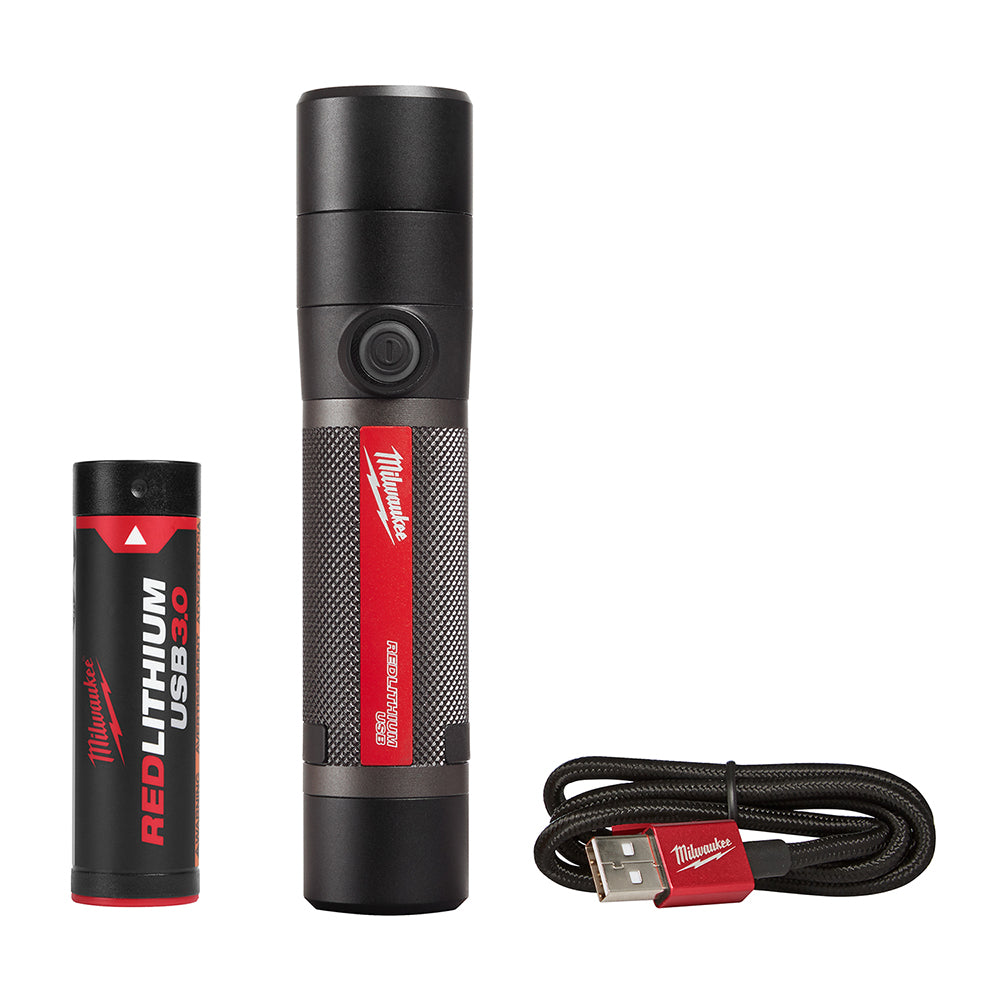 Black cylindrical flashlight with red Milwaukee branding, power button, rechargeable battery, and USB charging cable included