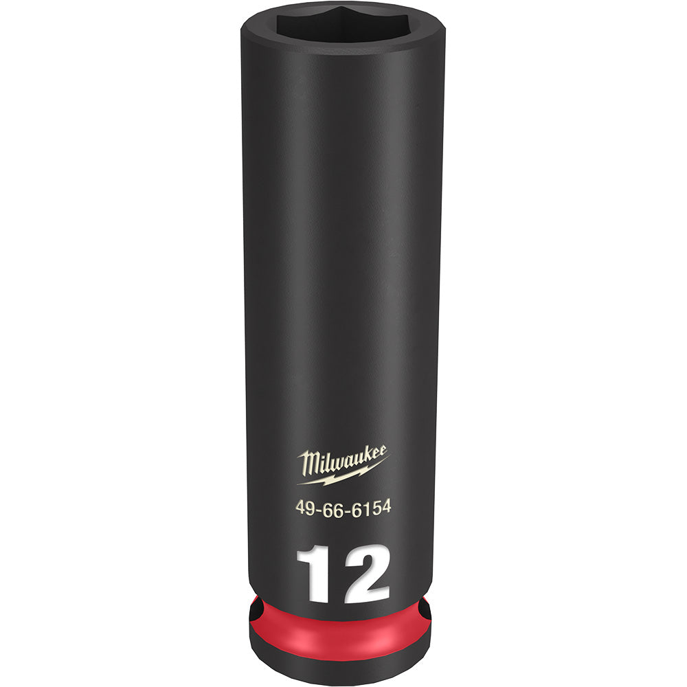 Black cylindrical deep socket with hexagonal opening, red band at base, marked "12" and Milwaukee logo.