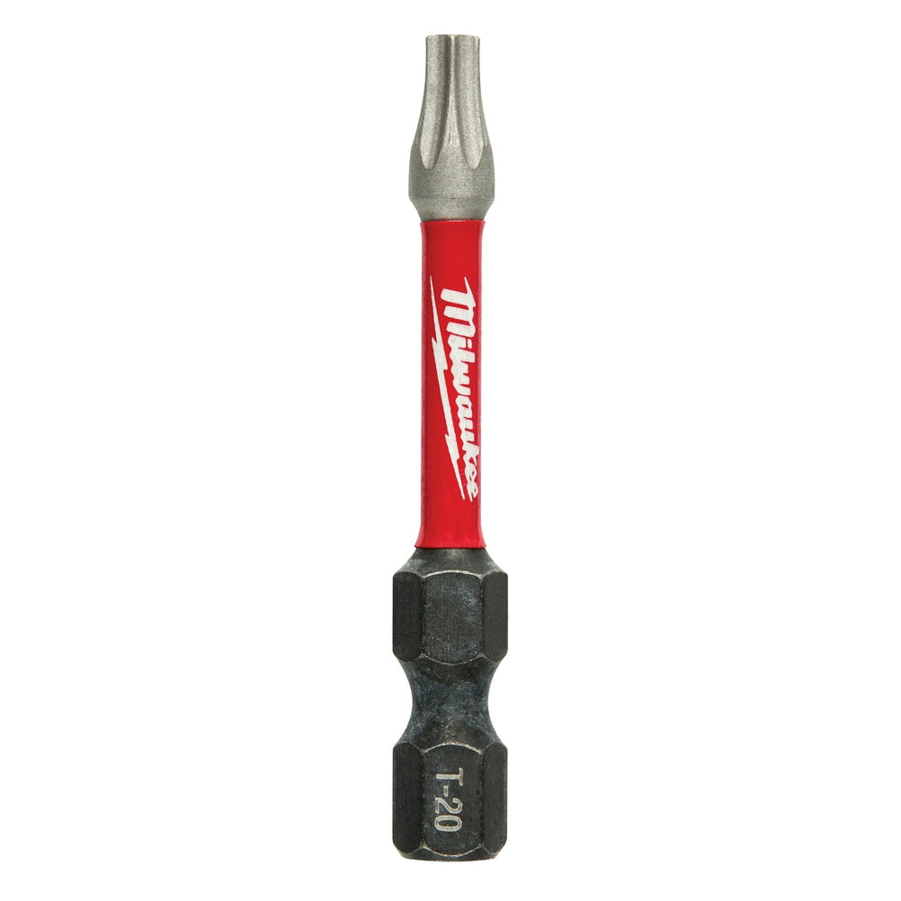 Milwaukee Shockwave Torx T20 impact power bit with red sleeve and black hex end on white background.