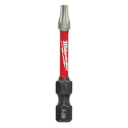 Milwaukee Shockwave Torx T20 impact power bit with red sleeve and black hex end on white background.