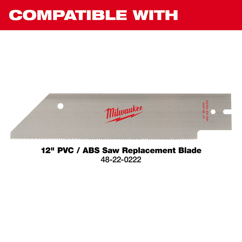 Milwaukee 12-inch PVC/ABS saw replacement blade with serrated cutting edge and mounting holes.