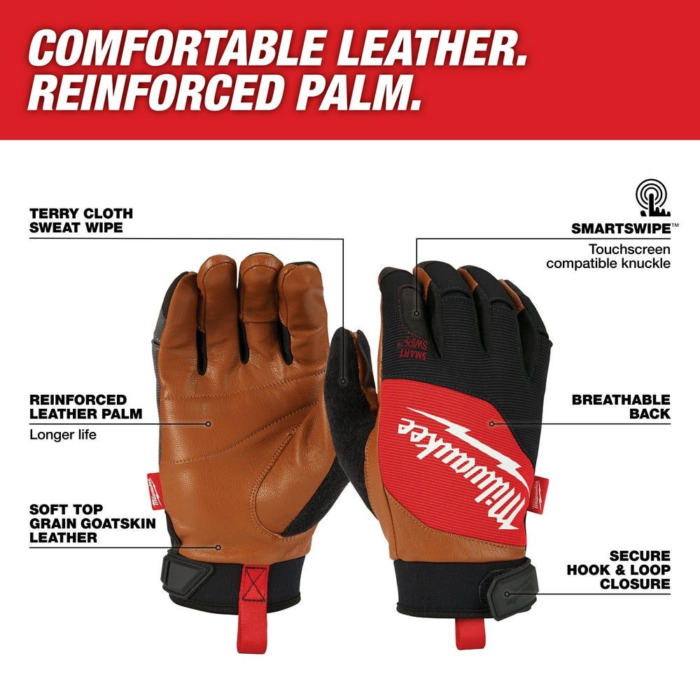 Brown leather gloves with black and red accents, reinforced palm, touchscreen-compatible fingers, and hook-and-loop wrist clo