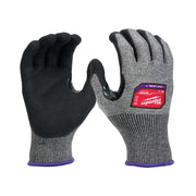 Gray knit gloves with black nitrile-dipped palms and purple cuff, shown front and back views.