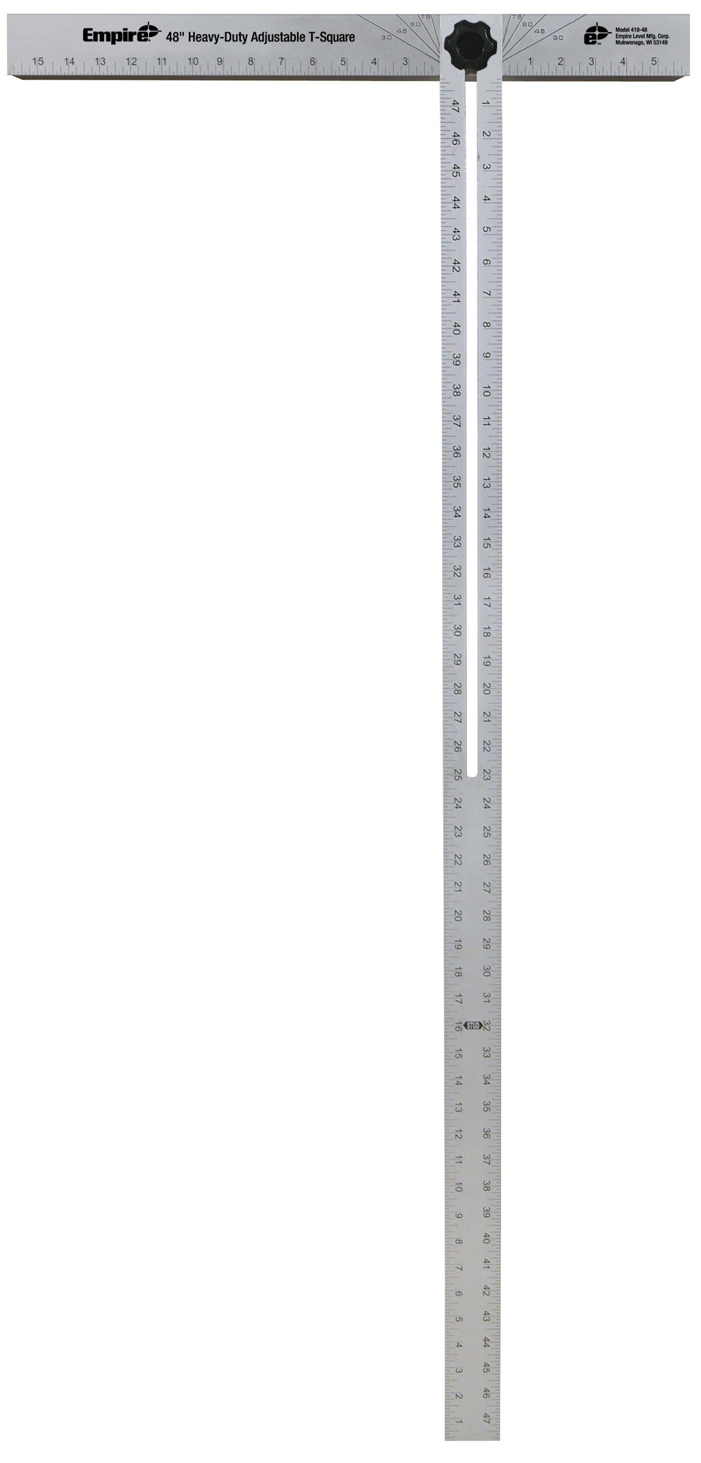 Empire 48-inch heavy-duty adjustable T-square with inch markings and black adjustment knob.