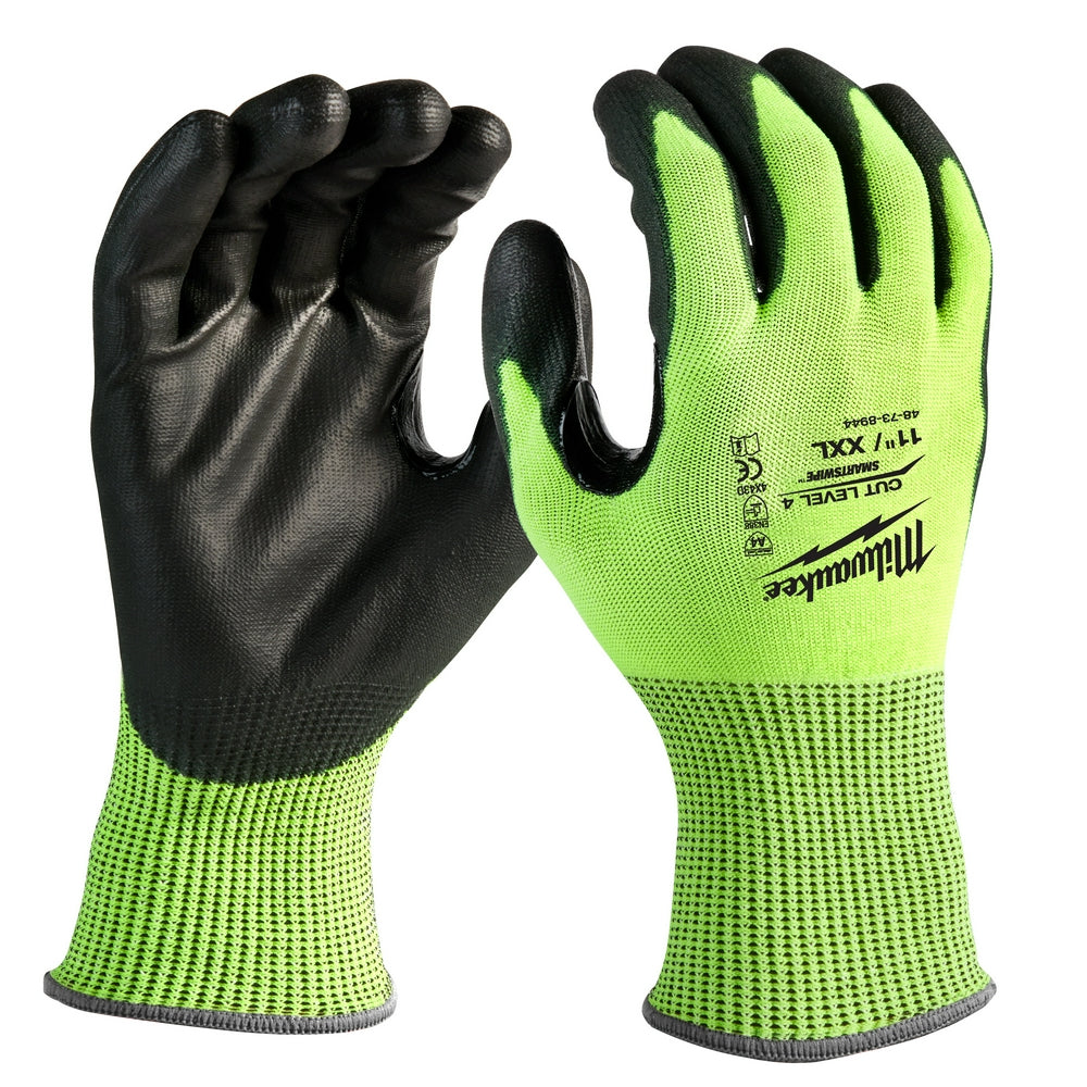 High-visibility yellow-green knit gloves with black polyurethane-dipped palms and fingers, shown front and back views.