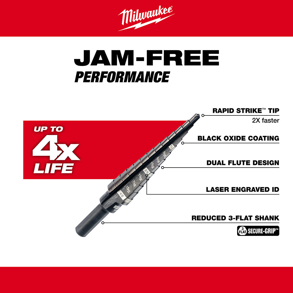 Milwaukee #1 step drill bit with black oxide coating, dual flute design, and reduced 3-flat shank for 1/8 to 1/2 inch drillin