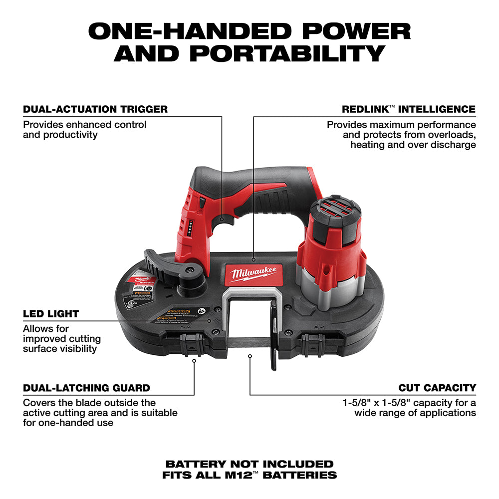 Red and black Milwaukee M12 cordless band saw with dual-action trigger, LED light, and dual-latching guard for one-handed ope
