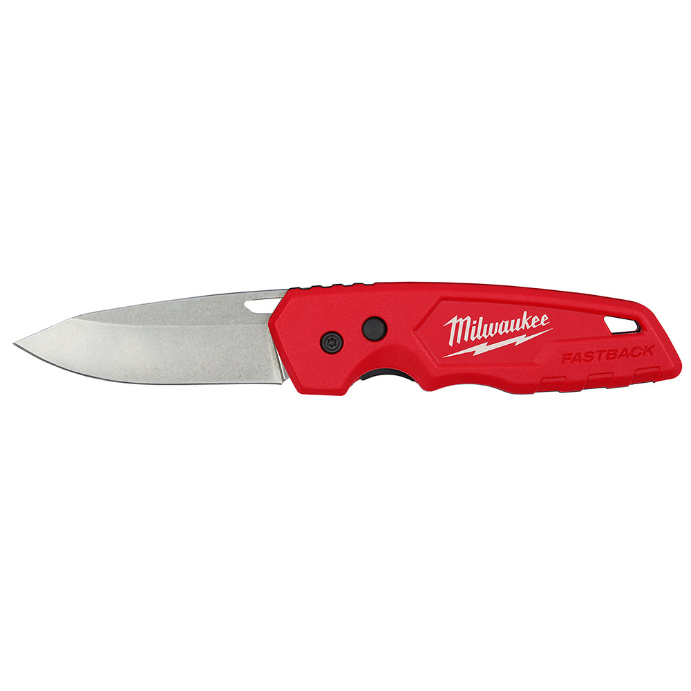 Red folding pocket knife with stainless steel blade and Milwaukee branding on handle.