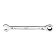 Silver 13mm ratcheting combination wrench with open end on left and ratchet socket head on right.