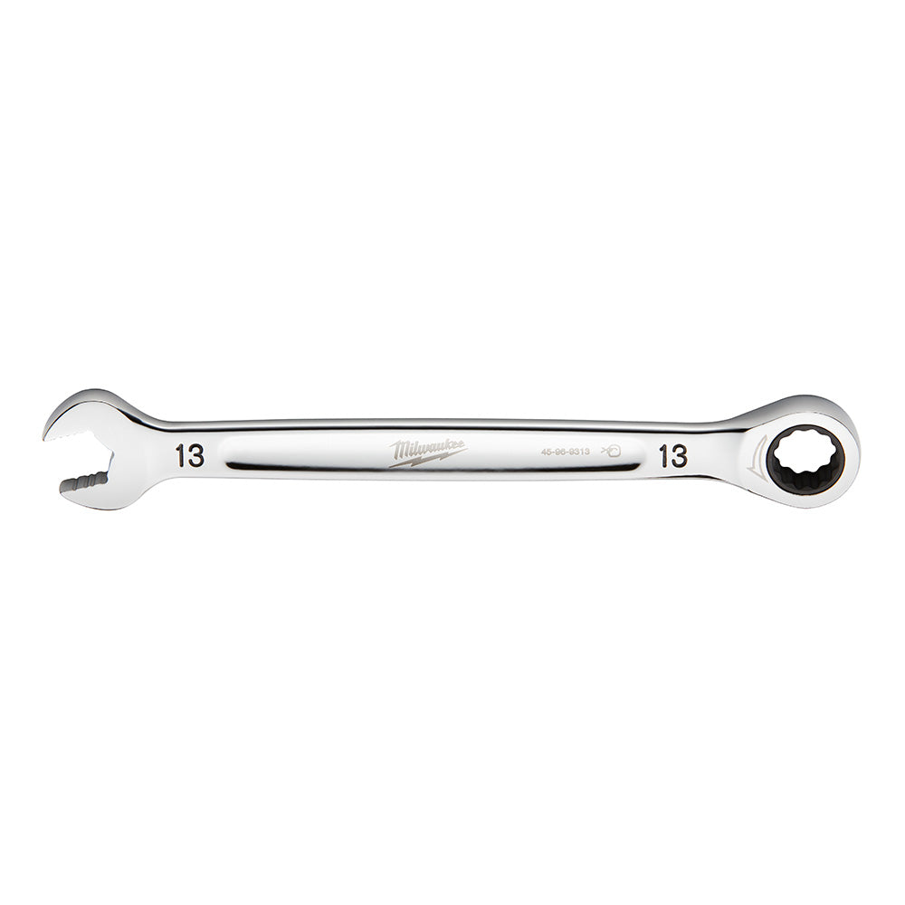 Silver 13mm ratcheting combination wrench with open end on left and ratchet socket head on right.