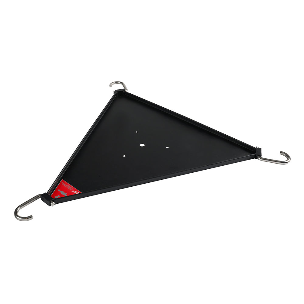 Black triangular shelf with metal hooks at corners and red adjustment component on lower left side.