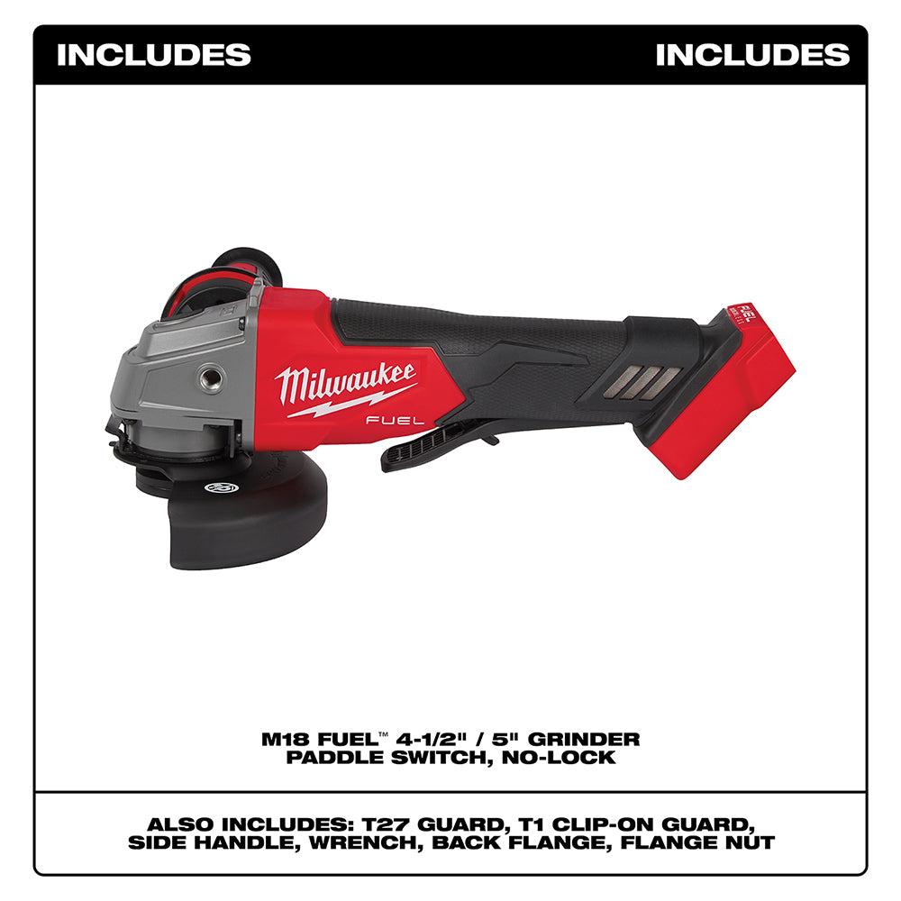 Red and black Milwaukee M18 FUEL angle grinder with paddle switch and black grinding wheel attached.