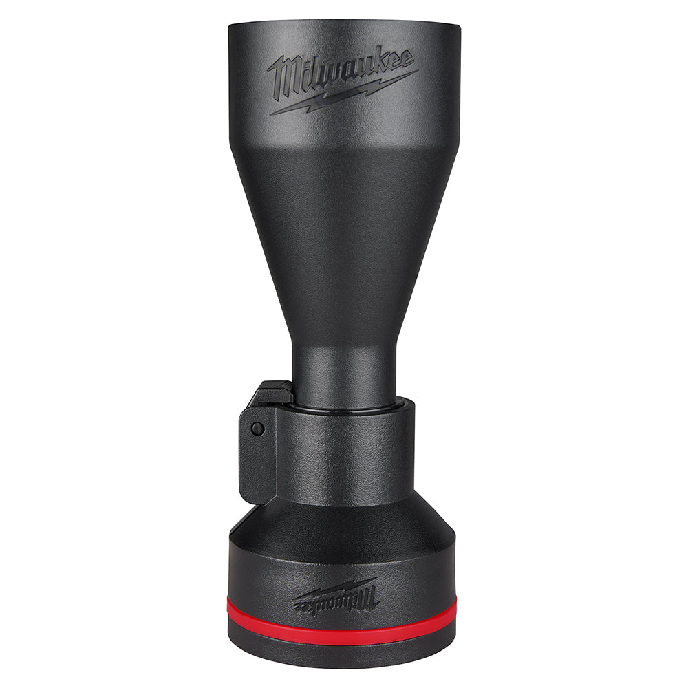 Black Milwaukee dust extraction adapter with tapered upper section, cylindrical middle band, and wide base with red stripe.