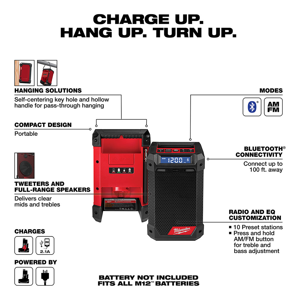 Milwaukee M12 radio with charger in red and black, featuring hanging handle, speaker, digital display, and Bluetooth connecti