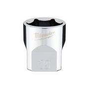 Chrome 19mm 6-point socket with black grip sides and Milwaukee branding on white body.
