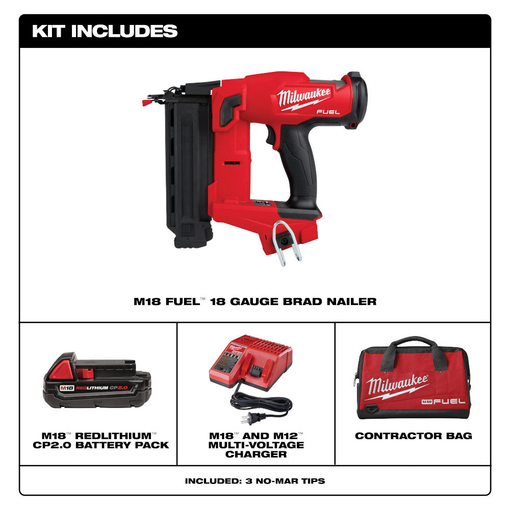 Red and black Milwaukee M18 FUEL 18 gauge brad nailer with battery, charger, and contractor bag.