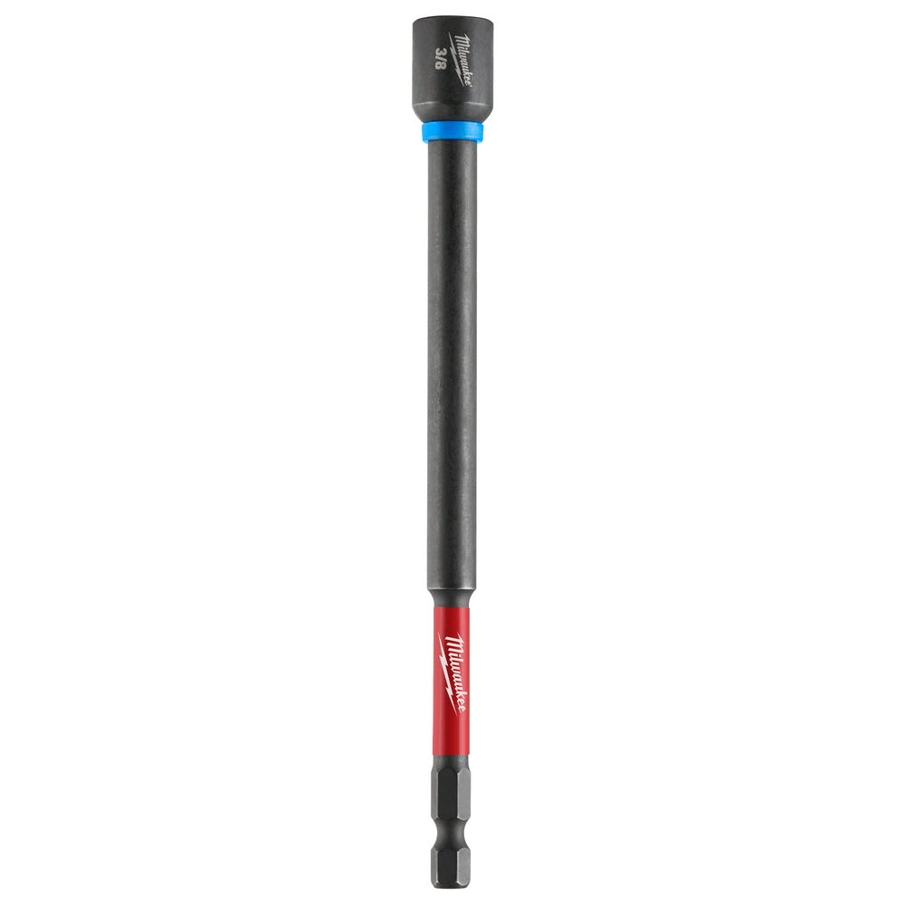 Milwaukee Shockwave Impact Duty magnetic nut driver with 3/8" socket, blue band collar, and red shaft with black bit end.