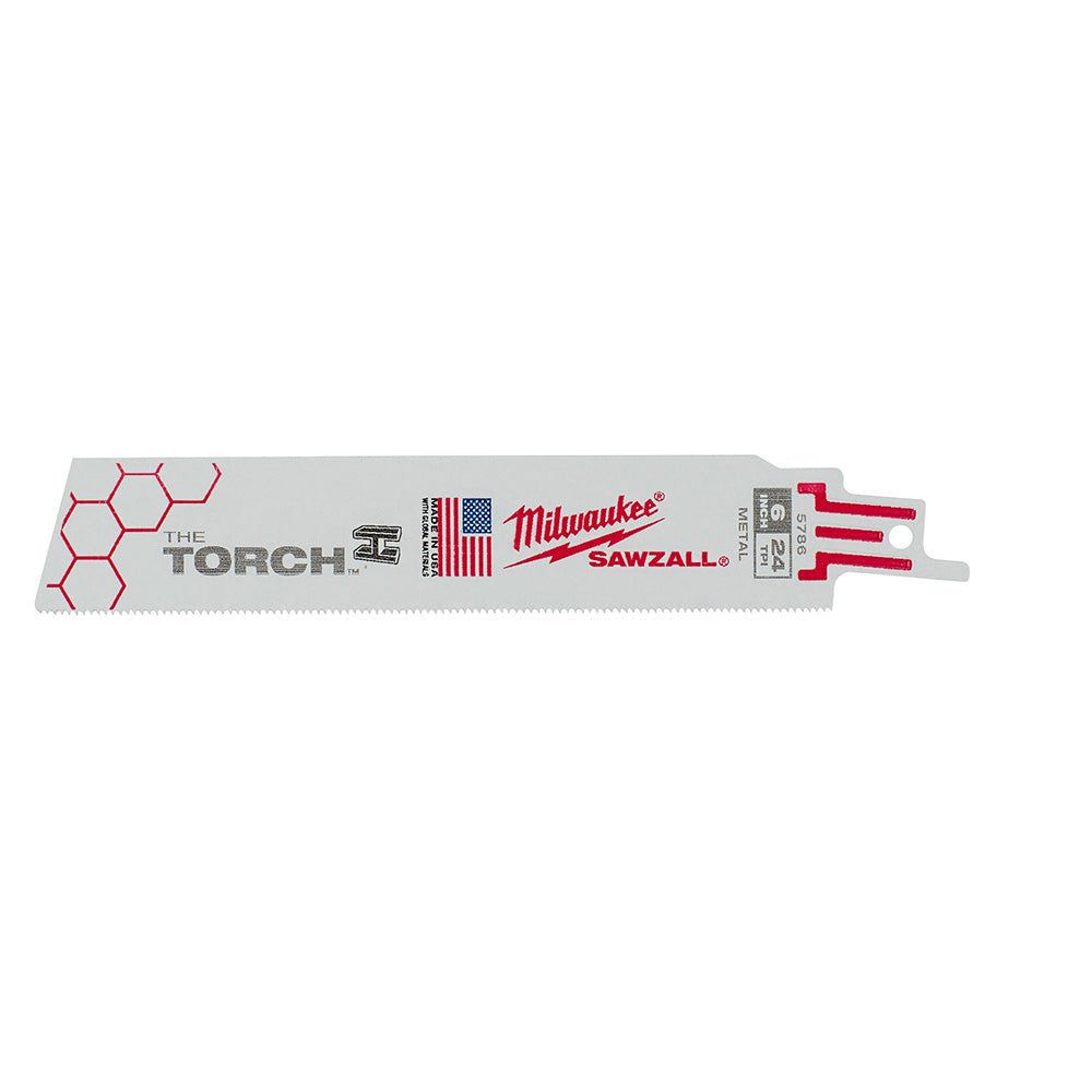 Milwaukee THE TORCH 6-inch 24 TPI reciprocating saw blade with serrated cutting edge and mounting shank.
