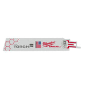 Milwaukee THE TORCH 6-inch 24 TPI reciprocating saw blade with serrated cutting edge and mounting shank.