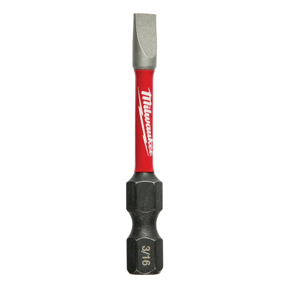 Milwaukee Shockwave slotted impact power bit with gray tip, red middle sleeve, and black hex end marked 3/16.