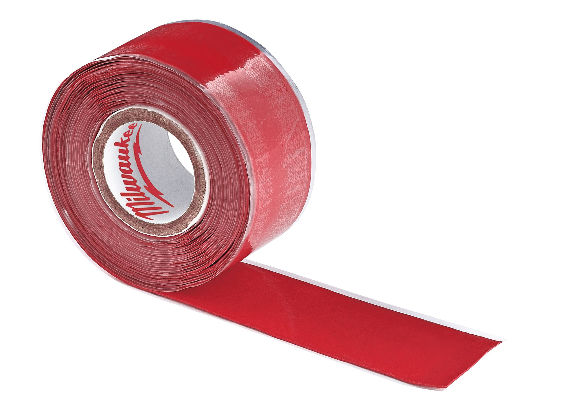 Red self-adhering tape roll with Milwaukee branding on the center core and tape unfurled.