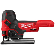 Milwaukee M18 FUEL barrel grip jig saw with red and black body, flat base, and control dial on front.