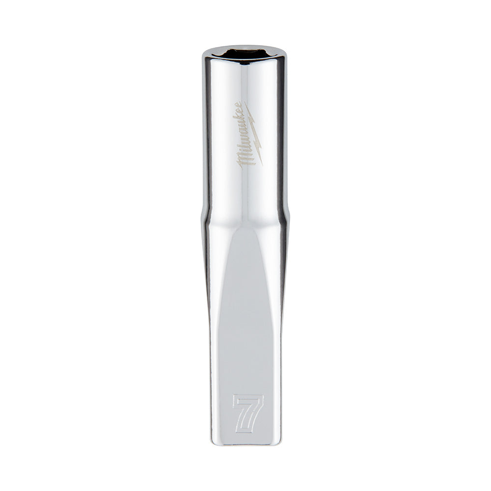 Chrome 7mm metric deep socket with hexagonal opening and Milwaukee branding on polished steel body.