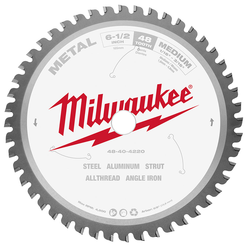 Milwaukee 6-1/2 inch circular saw blade with 48 teeth for metal cutting, gray body with white center label.