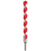 Long carbide hammer drill bit with red and gray spiral flutes and pointed tip for concrete drilling.