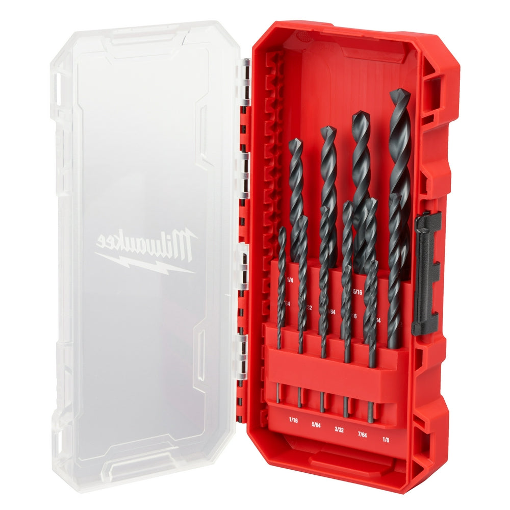 Black oxide drill bits arranged in red plastic case with clear lid, sizes labeled on base.