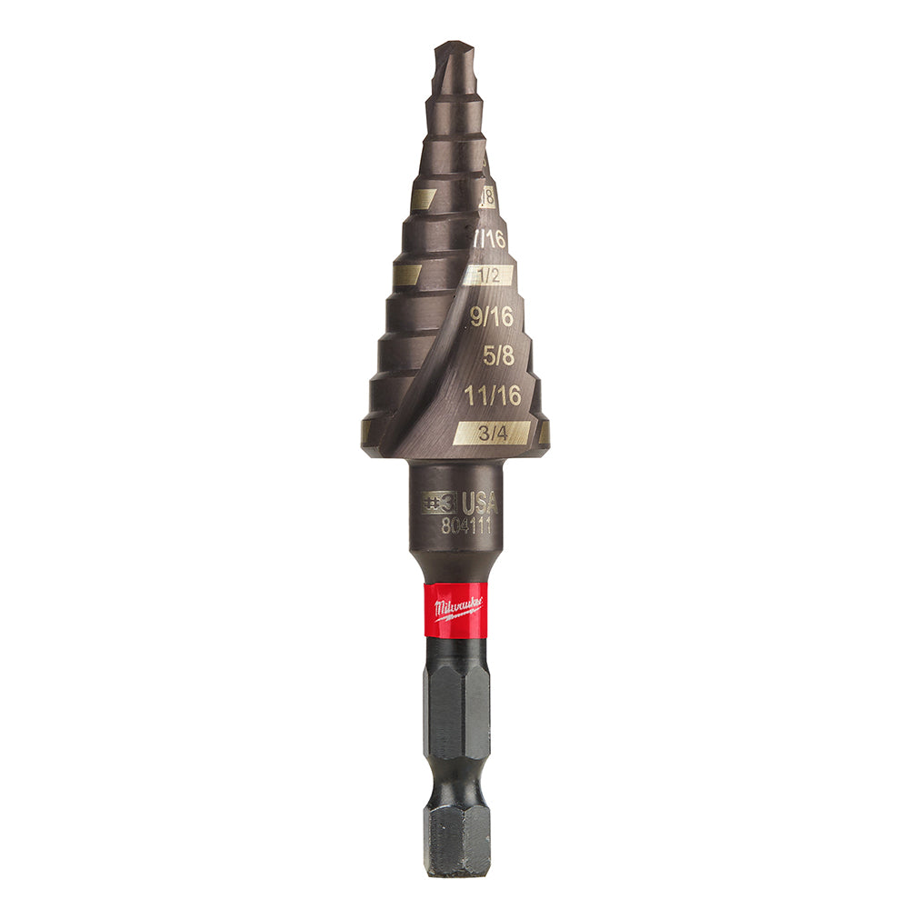Milwaukee Shockwave step bit with tapered cone shape, marked with size measurements, red band collar, and hex drive shaft.
