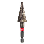 Milwaukee Shockwave step bit with tapered cone shape, marked with size measurements, red band collar, and hex drive shaft.