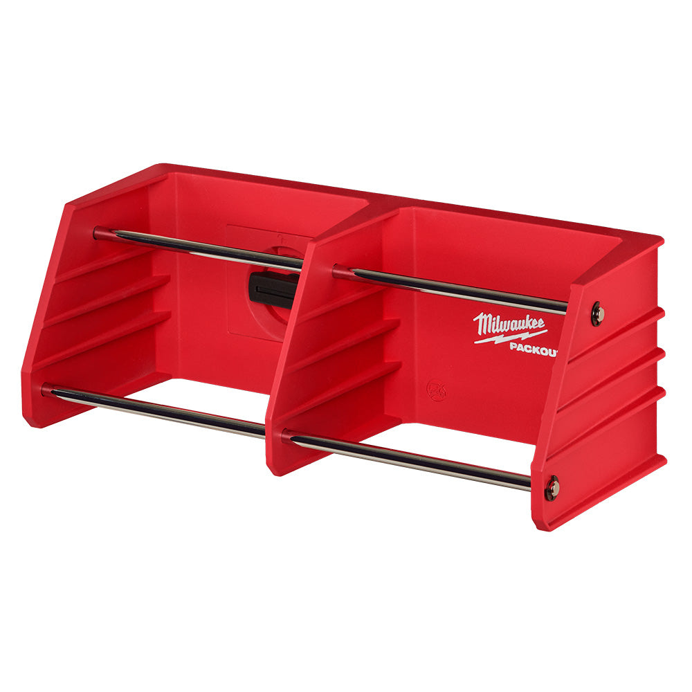 Red plastic PACKOUT tool rack with two compartments, metal rails, and side slots for organization.
