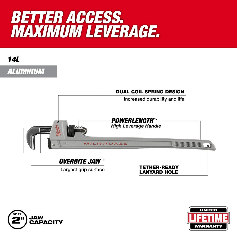 Milwaukee 14-inch aluminum pipe wrench with extended handle, dual coil spring jaw, and tether hole.
