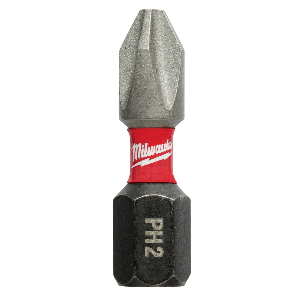 Milwaukee Shockwave Phillips #2 insert bit with gray tip, red brand band, and black hexagonal socket end.