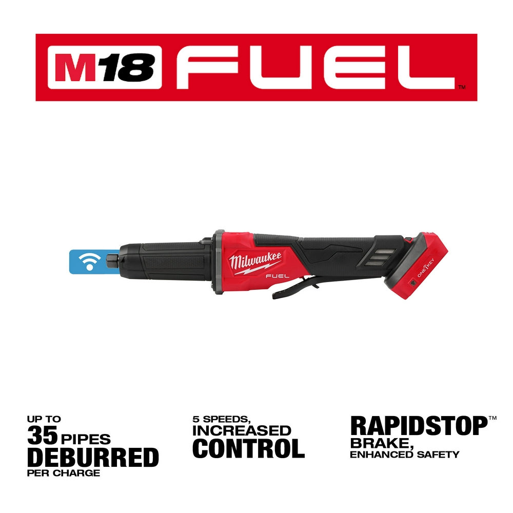 Milwaukee M18 FUEL die grinder with red and black body, paddle switch, and blue ONE-KEY connectivity icon on left side.