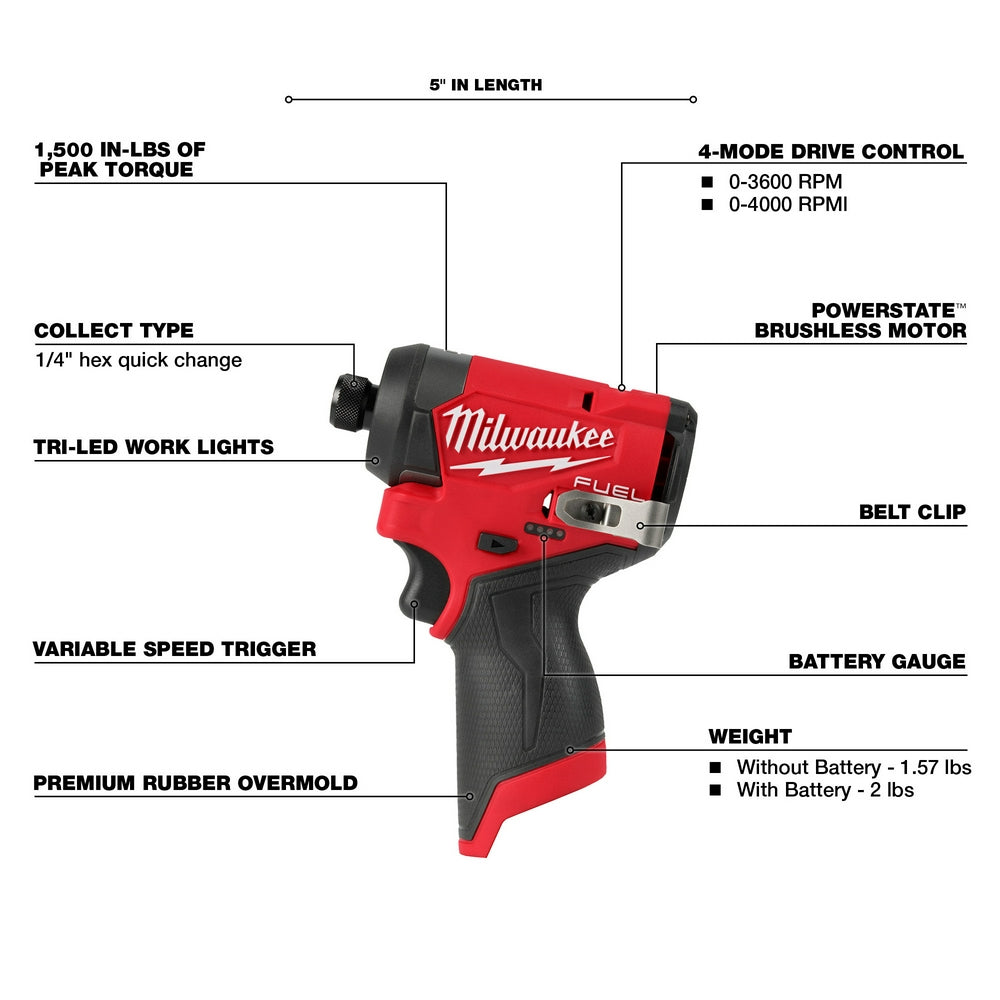 Red and black Milwaukee M12 FUEL 1/4" hex impact driver with brushless motor and variable speed trigger.