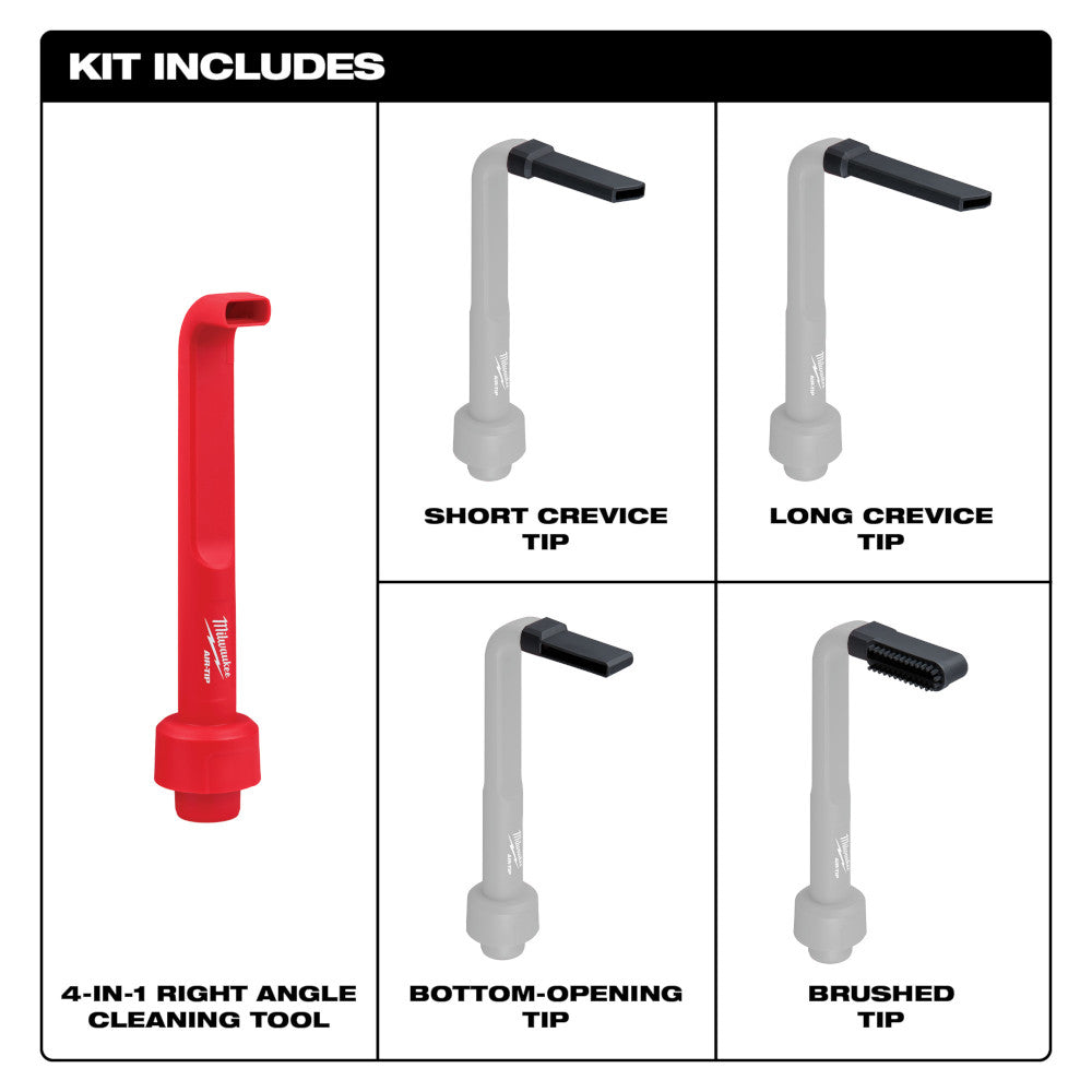 Red right-angle cleaning tool with gray shaft and four interchangeable black tips including crevice, bottom-opening, and brus