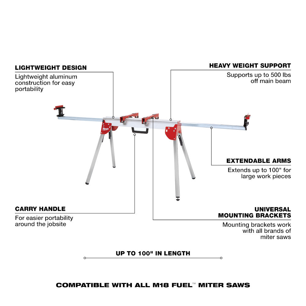 Red and silver aluminum miter saw stand with expandable arms, carry handle, and adjustable mounting brackets.