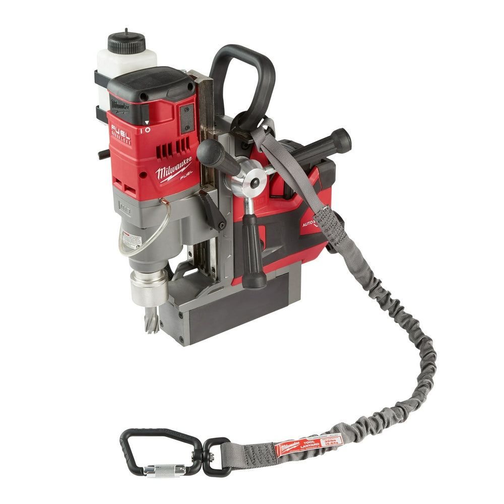 Gray and black coiled lanyard with carabiners attached to red and gray Milwaukee power tool.