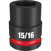 Black impact socket with 6-point hexagon opening, red band, and 15/16 marking for 3/4" drive.