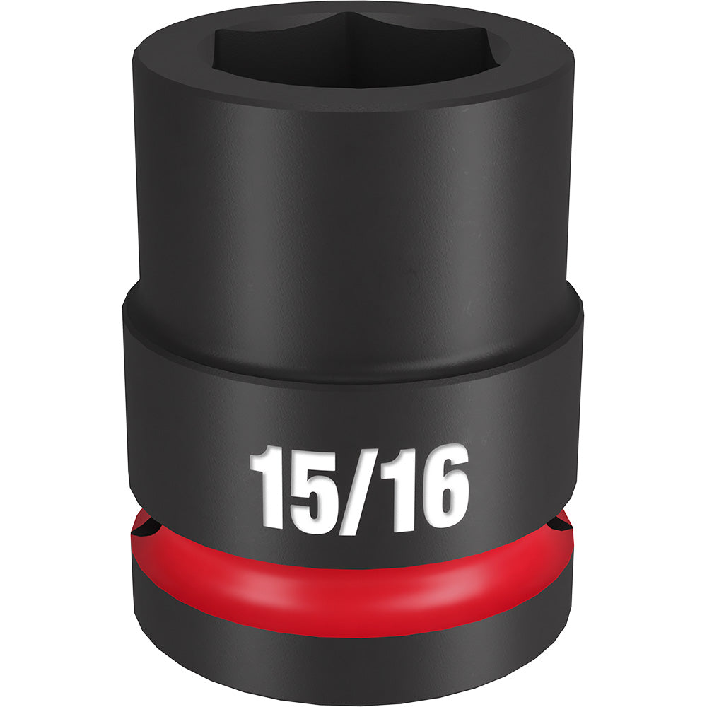 Black impact socket with 6-point hexagon opening, red band, and 15/16 marking for 3/4" drive.